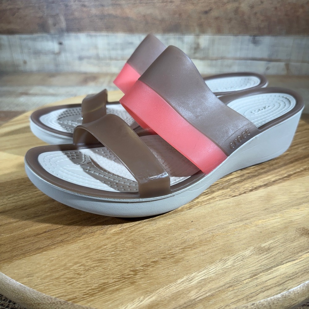Crocs Sandals Womens 10 Brown Pink Colorblock Wedge Slides Comfort Heals